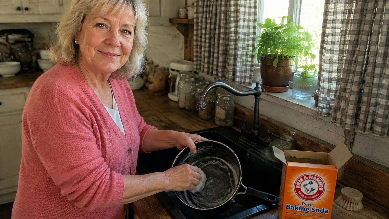 Rosalind Gray at her kitchen sink, scrubbing a burnt saucepan with baking soda