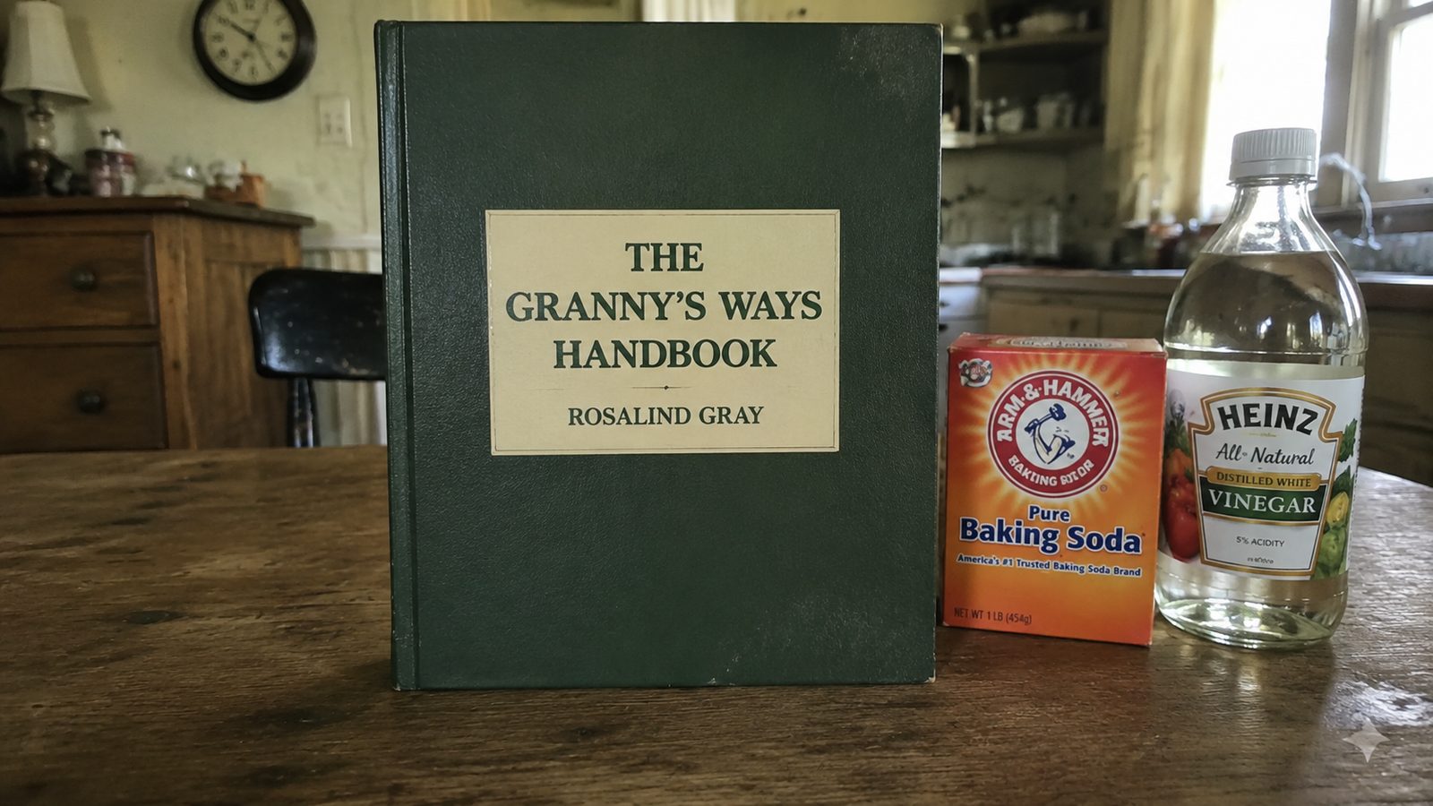 The Granny's Ways Handbook standing on a farmhouse kitchen table beside a box of baking soda and a bottle of white vinegar